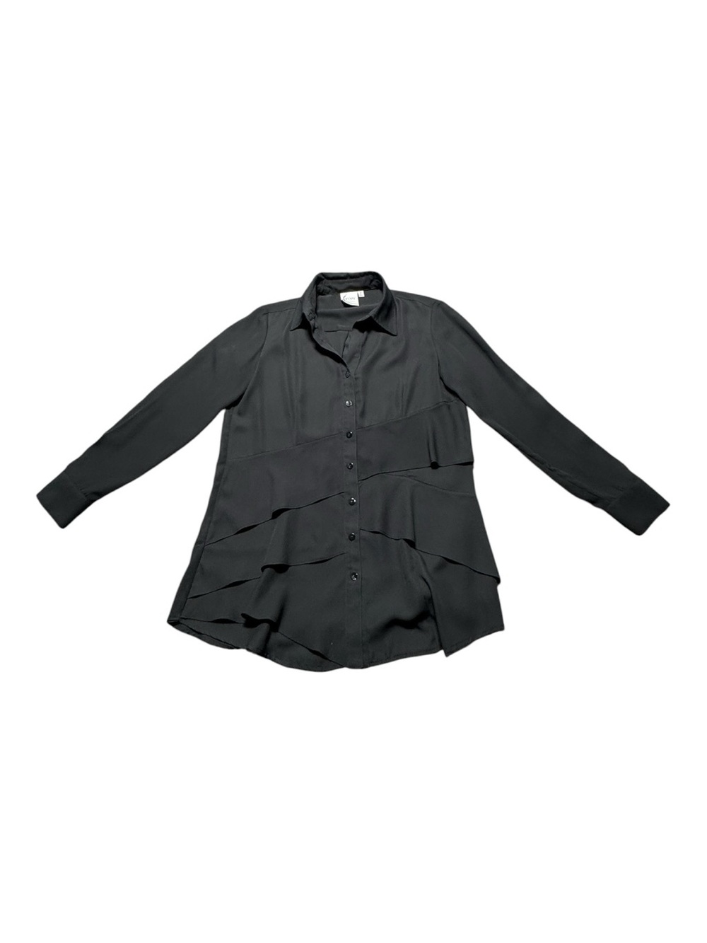 Finley Women’s Medium Black Tiered Button-Down Blouse ruffled Work Preppy Date